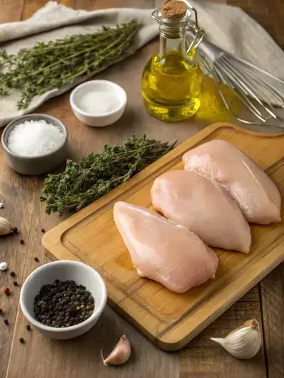 Ingredients for sous vide frozen chicken breast displayed on a kitchen table.