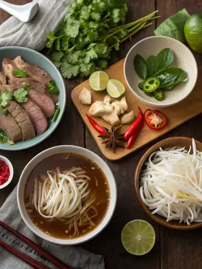 Ingredients for Super Pho displayed on a kitchen table.