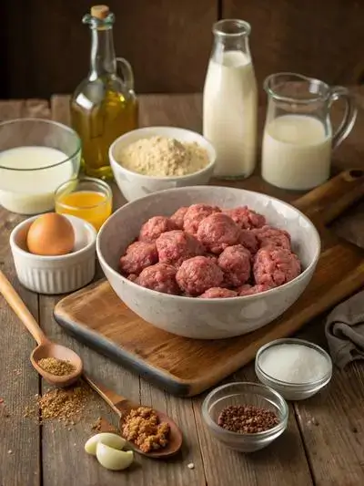 Ingredients for Swedish meatballs displayed on a kitchen table.