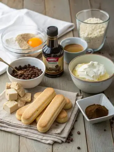 Ingredients for tiramisu cups displayed on a kitchen table, including egg yolks, sugar, mascarpone cheese, heavy cream, vanilla extract, brewed coffee, ladyfingers, cocoa powder, and chocolate shavings.
