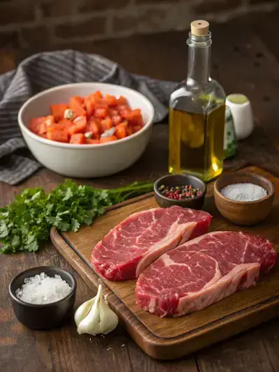 Ingredients for tom and jerry steak displayed on a kitchen table.