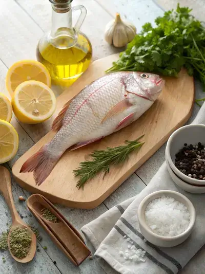 Ingredients for whole tilapia including a whole fish, lemon slices, garlic, and herbs on a kitchen table.