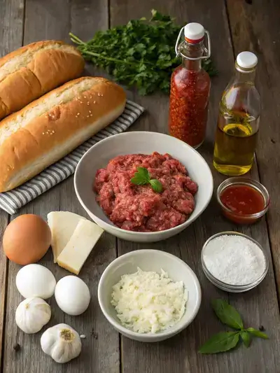 Ingredients for a meatball sub displayed on a kitchen table.