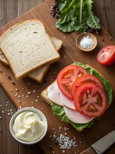 A variety of fresh ingredients for a gluten free sandwich displayed on a kitchen table.