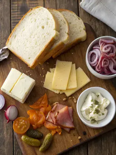 Ingredients for a grilled cheese bar including bread, butter, assorted cheeses, and optional fillings on a wooden table.