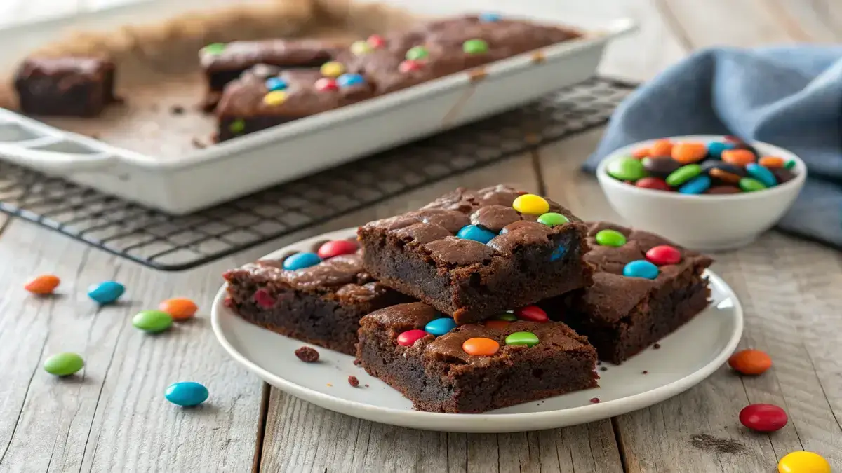A plate of m&m chocolate brownies with colorful candies on top.