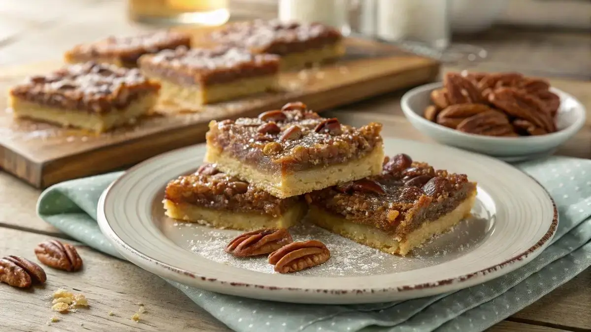 Delicious Pecan Pie Bars on a rustic wooden table, showcasing their golden crust and glossy filling.