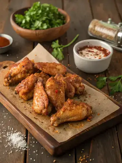 A vibrant display of seasoned chicken wings on a wooden table with parsley garnish.