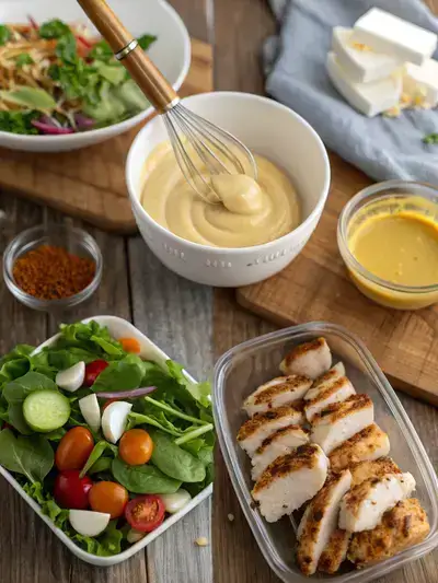 Four-step process of making 3 ingredient honey mustard, showcasing ingredients, mixing, and serving.