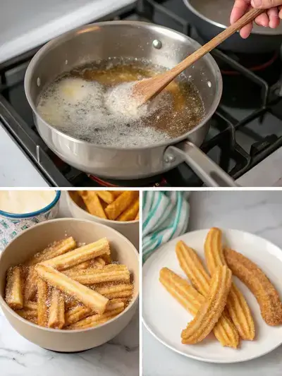 Step-by-step process of making churro chips, including combining ingredients, frying, and coating in cinnamon sugar.