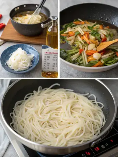 Step-by-step process of making flat rice noodles, including soaking, stir-frying, and combining ingredients.