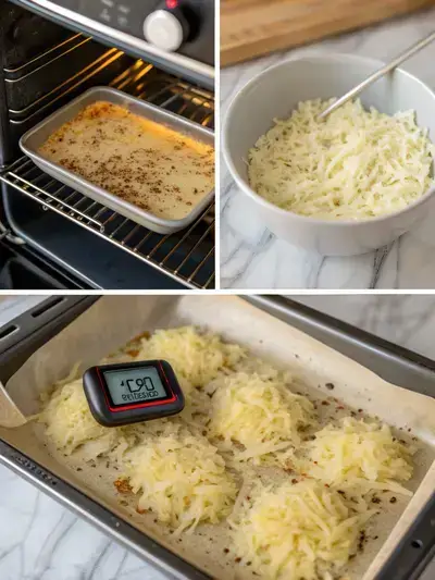 Step-by-step process of making hash browns in the oven, including preheating, preparing the baking sheet, mixing ingredients, and spreading potatoes.