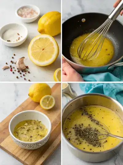 Step-by-step process of making lemon pepper sauce, showcasing melting butter, sautéing garlic, adding lemon and seasoning, and simmering the sauce.
