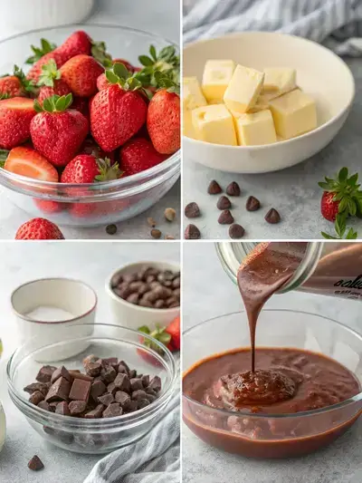 Step-by-step process of making strawberry chocolate, including washing strawberries, preparing chocolate mixture, melting chocolate, and dipping strawberries.