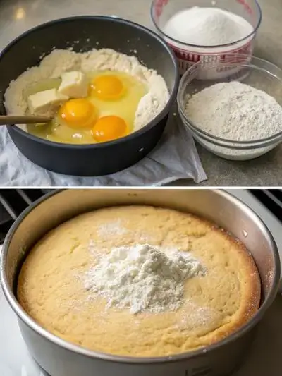 Step-by-step process of making a 10 inch round cake, including preheating the oven, mixing dry ingredients, creaming butter and sugar, and pouring batter into a pan.