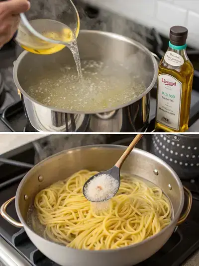 A visual representation showcasing the method of preparing Barilla noodles, featuring boiling water, the addition of salt, cooking duration, and finishing touches with olive oil and cheese.
