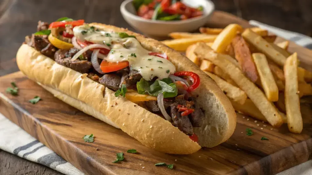 A close-up of a Philly Cheesesteak sandwich filled with melted cheese and sautéed vegetables.