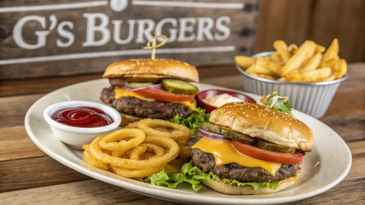 Delicious g's burgers with melted cheese and fresh toppings on a wooden table.