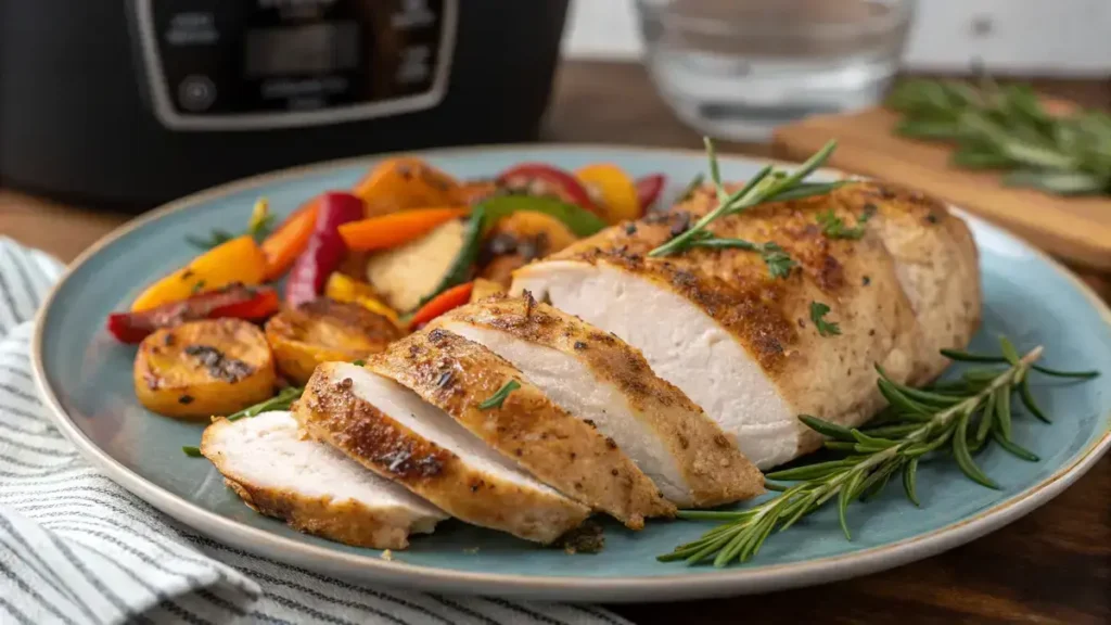 Sliced sous vide frozen chicken breast on a plate with herbs and vegetables.
