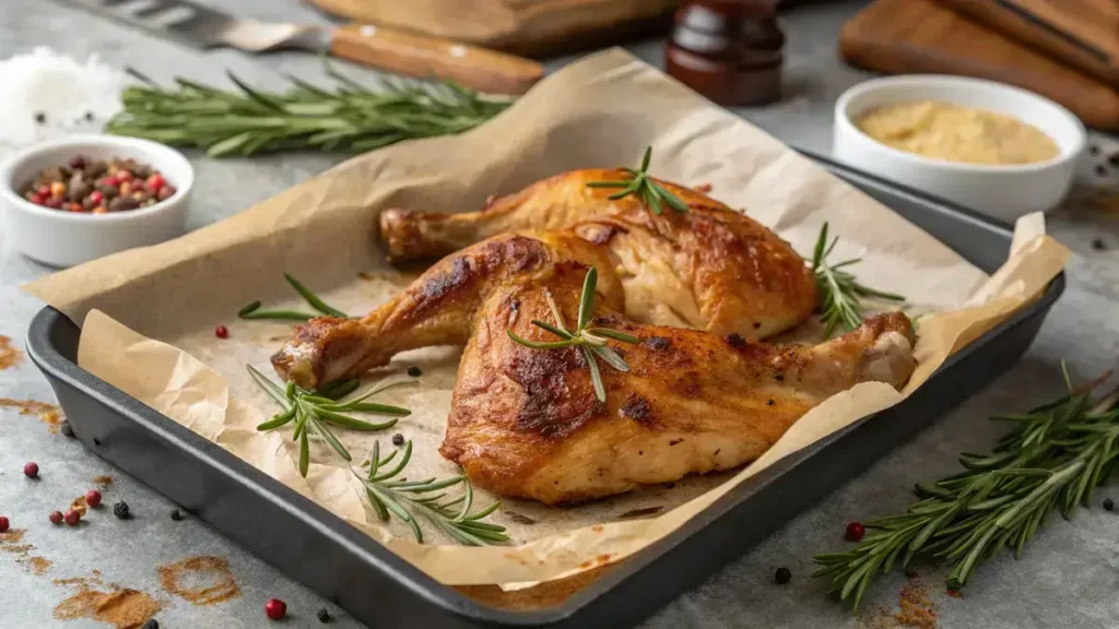 Roasted chicken quarter on a baking tray with rosemary garnish.