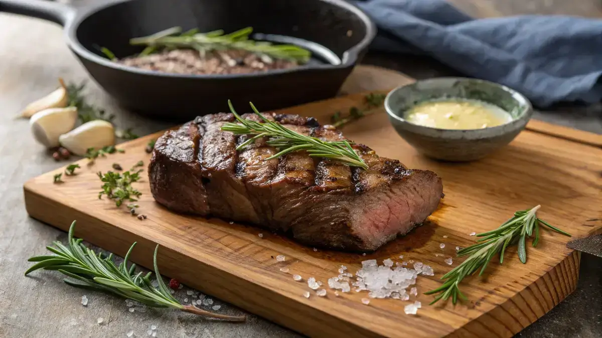 Juicy shoulder steak garnished with herbs on a cutting board.