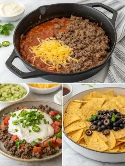 Step-by-step preparation of baked taco dip, showcasing mixing ingredients, spreading in a dish, and adding toppings.