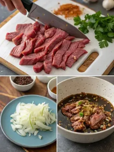 Step-by-step preparation of beef finger meat, showcasing seasoning, marinating, sautéing, and serving.