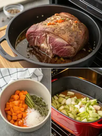 Step-by-step preparation of beef knuckle, showcasing seasoning, searing, and cooking vegetables in a Dutch oven.