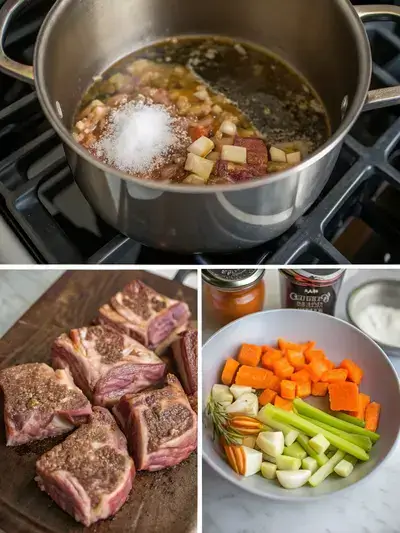 Step-by-step preparation of beef neck bones, including heating oil, seasoning bones, browning them, and sautéing vegetables.