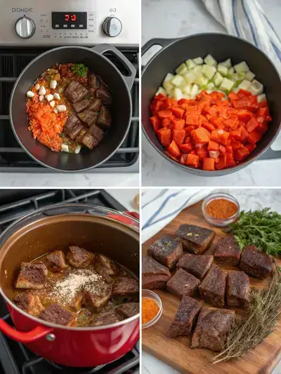 Step-by-step preparation of beef short rib ragu, showcasing the cooking process in four sections.