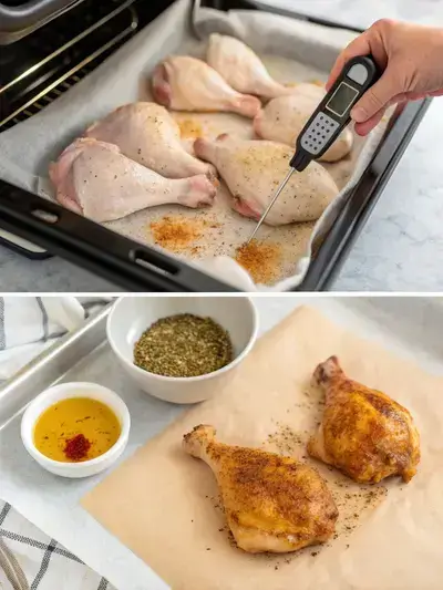 Step-by-step preparation of chicken quarters, including preheating the oven, drying the chicken, mixing seasonings, and arranging on a baking tray.