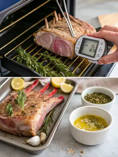 Step-by-step preparation of crown rack of lamb, including preheating the oven, mixing herbs, rubbing the mixture on the lamb, and roasting in the oven.
