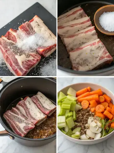 Step-by-step preparation of English cut short ribs, including seasoning, dredging, browning, and sautéing vegetables.
