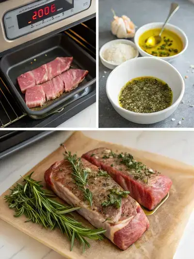 Step-by-step preparation of lamb loin, including preheating the oven, preparing herb mixture, rubbing the lamb, and placing it in a roasting pan.