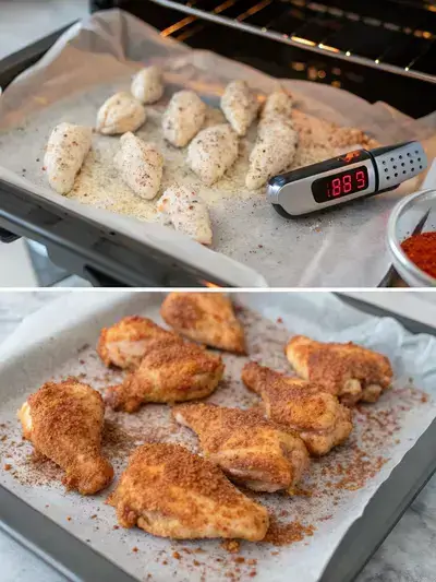 Step-by-step preparation of Mild Wings, including preheating the oven, seasoning the wings, arranging them on a baking sheet, and baking until crispy.