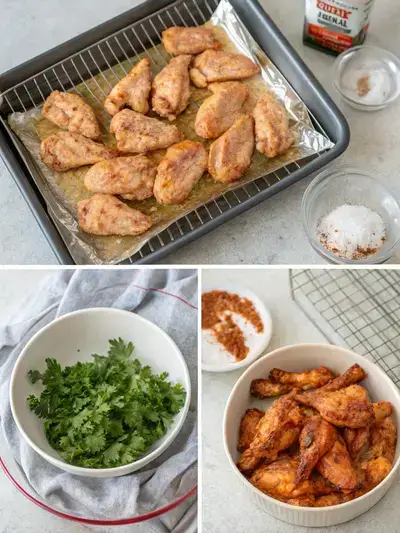 Four-part image showing the preparation of naked wings: preheating oven, tossing wings with spices, arranging wings on a rack, and finished wings garnished with parsley.