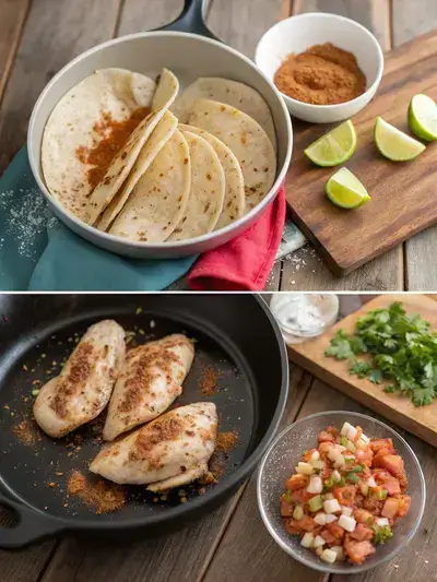 Step-by-step preparation of tacos de pollo, showcasing seasoned chicken, cooking process, and assembled tacos with fresh toppings.