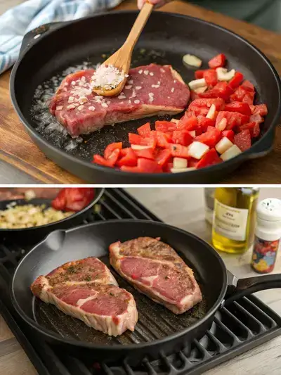 Step-by-step preparation of tom and jerry steak, including seasoning, grilling, and sautéing ingredients.