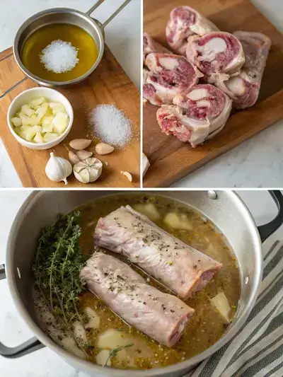 Step-by-step preparation of turkey necks, showcasing seasoning, browning, sautéing, and simmering.