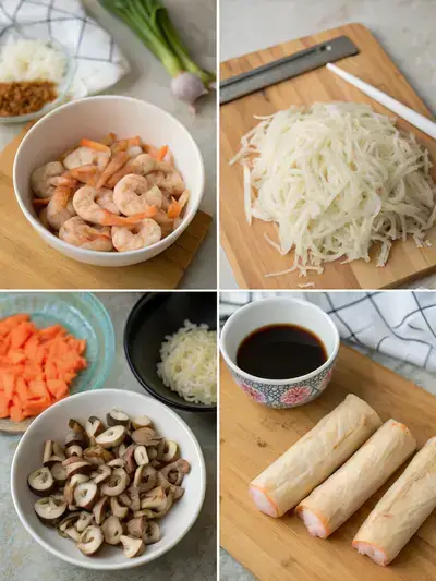Step-by-step preparation of Vietnamese egg rolls, showcasing soaked vermicelli noodles, diced shiitake mushrooms, filling ingredients, and the rolling process.