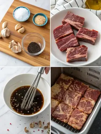 Step-by-step preparation of wagyu short ribs, including seasoning, searing, and simmering in sauce.