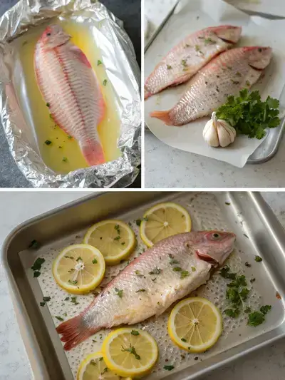 Step-by-step preparation of whole tilapia, including rinsing, seasoning, stuffing, and ready for baking.