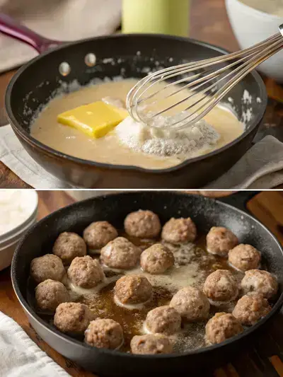 Step-by-step preparation of frozen Swedish meatballs in a cozy kitchen.