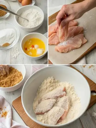 Step-by-step preparation of raw chicken tender, including rinsing, seasoning, cooking, and resting.