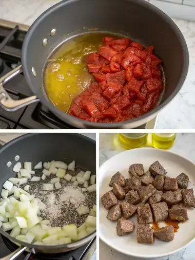 A step-by-step visual guide to preparing beef chunks, featuring heating oil, searing beef, sautéing onions, and adding garlic and tomato paste.