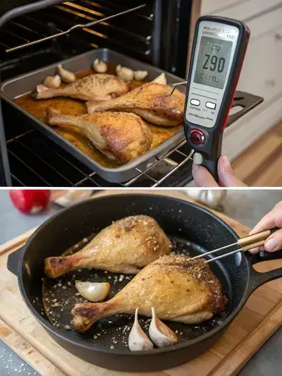 Step-by-step preparation of duck legs, including seasoning, searing, and roasting.