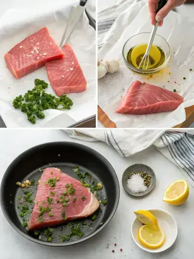 A step-by-step visual guide to preparing fresh tuna, showcasing the drying, marinating, and searing process.