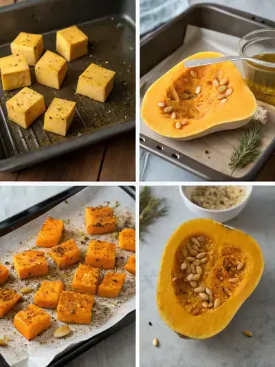 Four-step process of preparing koginut squash, including preheating the oven, halving the squash, cutting into slices, and seasoning before roasting.