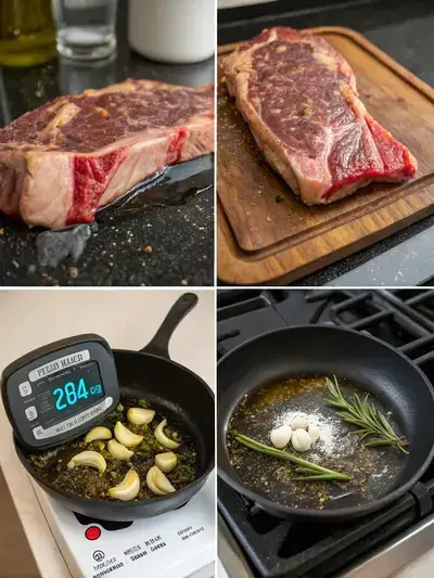 Step-by-step preparation of rib cap steak, showcasing resting, seasoning, and searing processes.