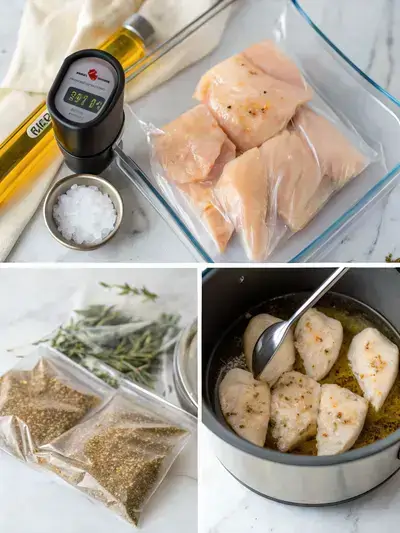 Step-by-step process of preparing sous vide frozen chicken breast, including preheating the water bath, seasoning the chicken, vacuum-sealing, and searing in a skillet.